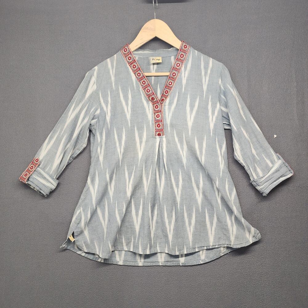 Primp Top Womens Large Embroidered Tunic 3/4 Sleeve Grey
